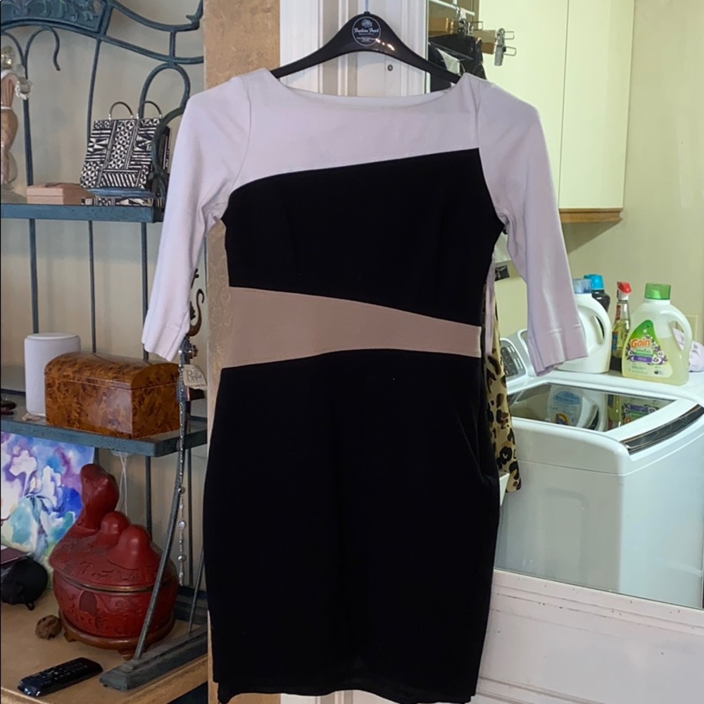 Color block dress black, white & beige